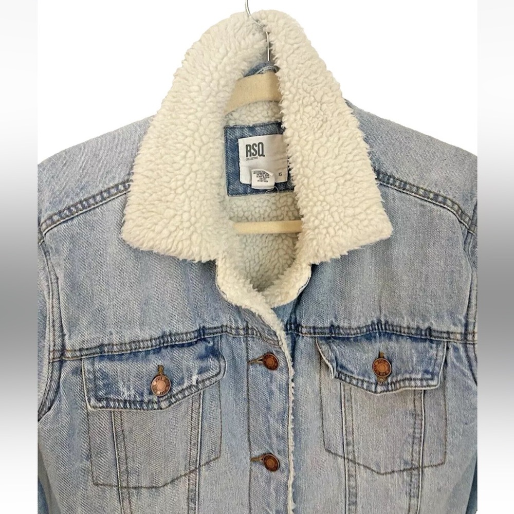 Vintage RSQ Denim Jacket With Sherpa Collar And Lining Fall Layering Blue, XS - Picture 7 of 16